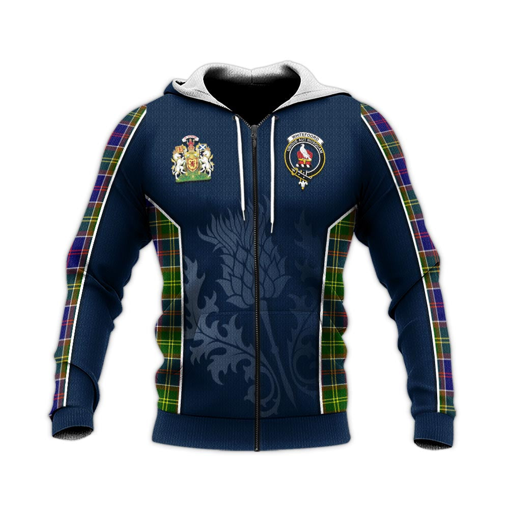 Tartan Vibes Clothing Whitefoord Modern Tartan Knitted Hoodie with Family Crest and Scottish Thistle Vibes Sport Style