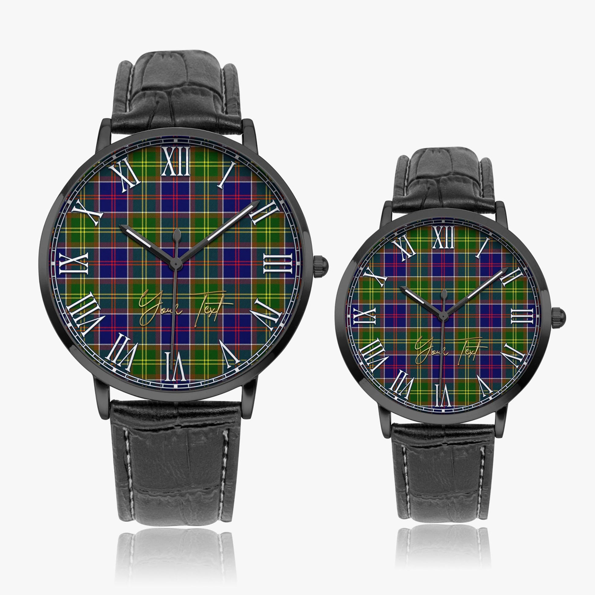 Whitefoord modern Tartan Personalized Your Text Leather Trap Quartz Watch Ultra Thin Black Case With Black Leather Strap - Tartanvibesclothing Shop