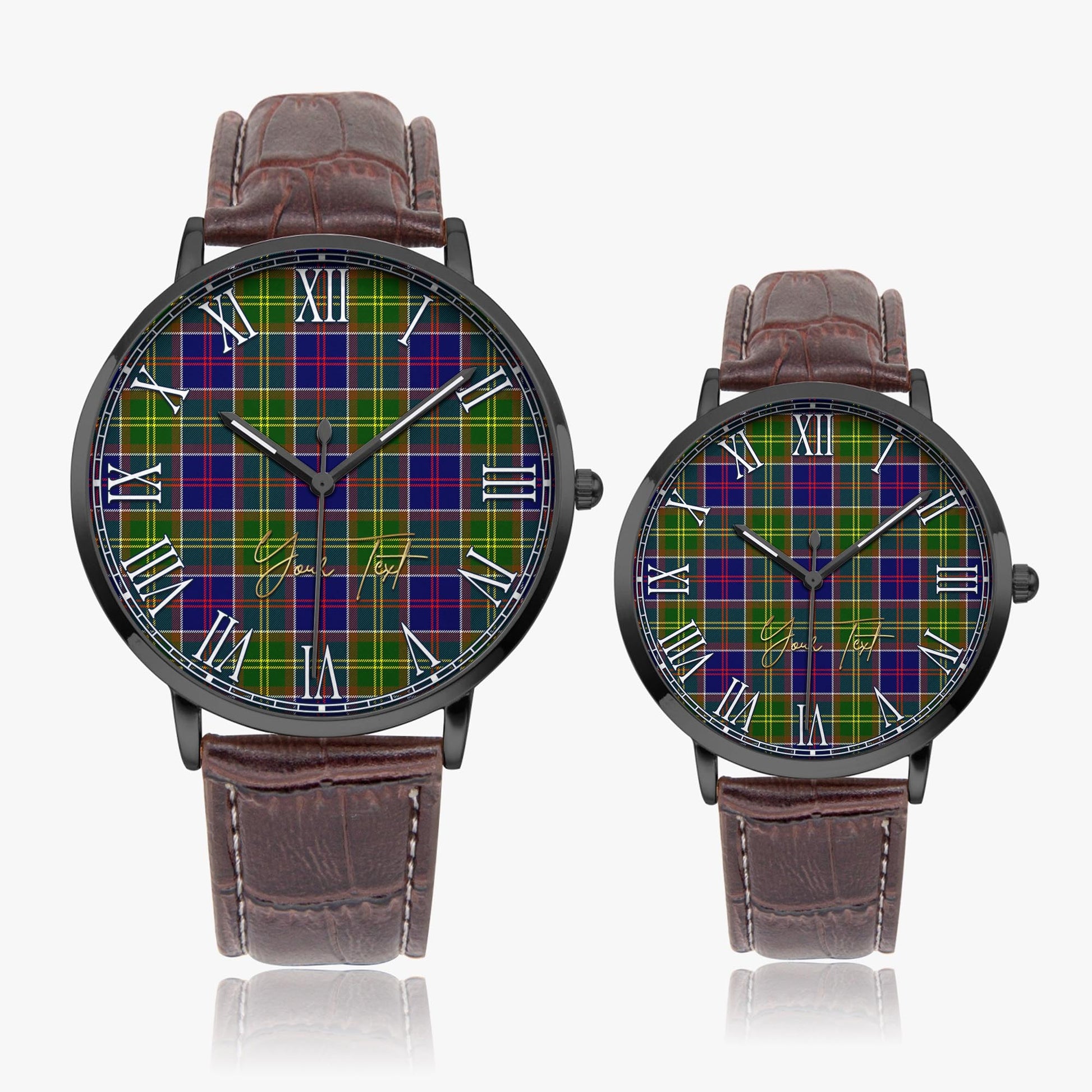 Whitefoord modern Tartan Personalized Your Text Leather Trap Quartz Watch Ultra Thin Black Case With Brown Leather Strap - Tartanvibesclothing Shop