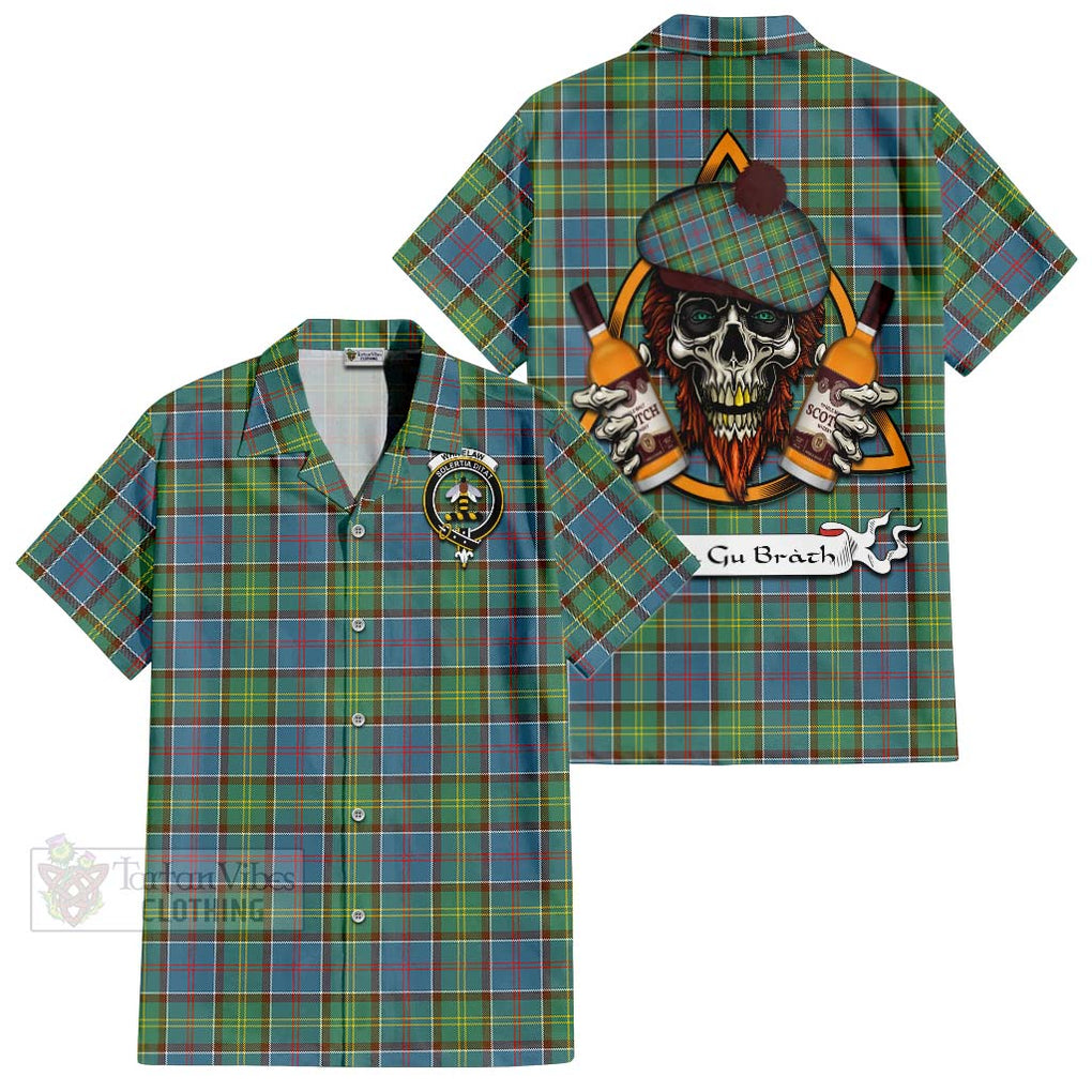 Tartan Vibes Clothing Whitelaw Tartan Short Sleeve Button Shirt with Family Crest and Bearded Skull Holding Bottles of Whiskey