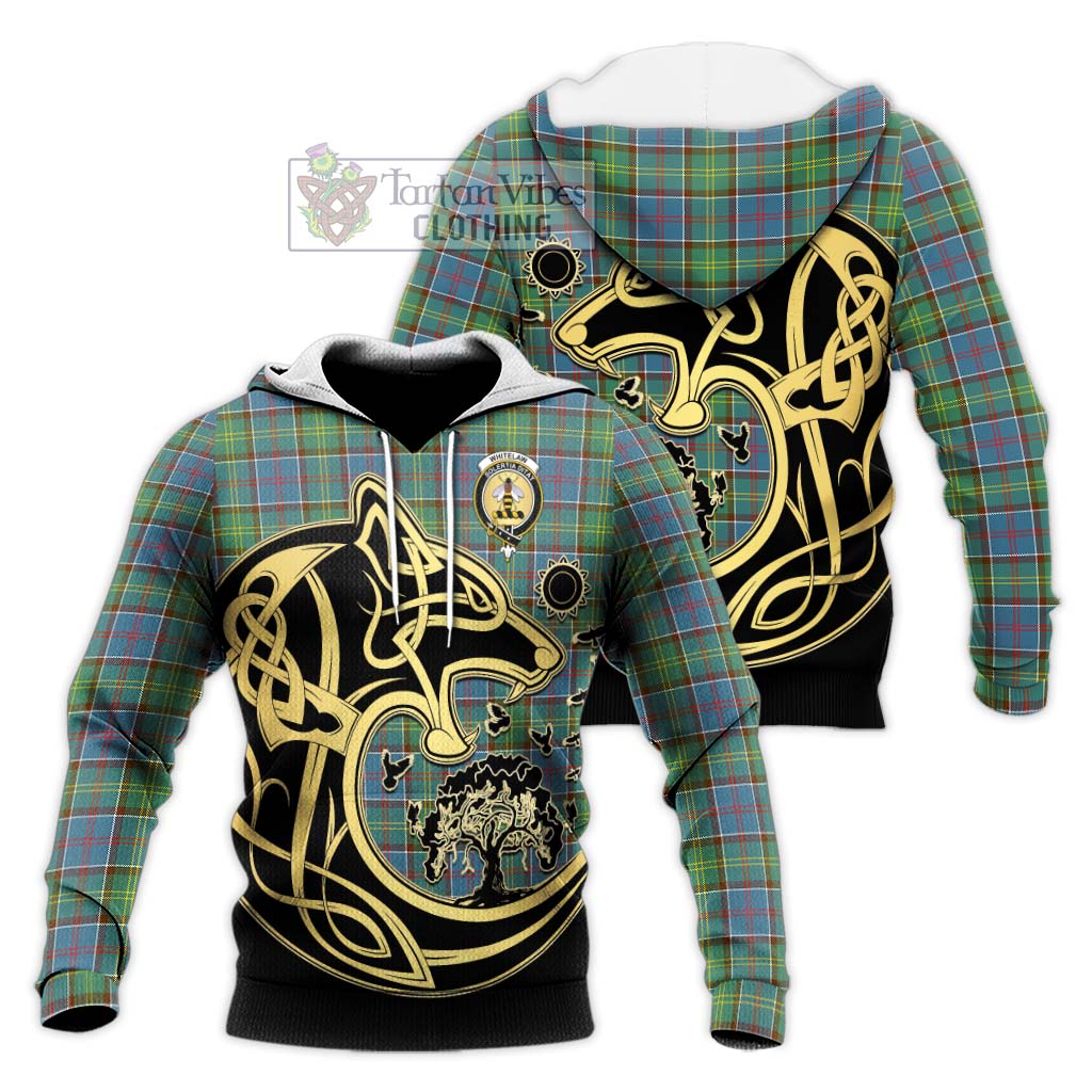 Tartan Vibes Clothing Whitelaw Tartan Knitted Hoodie with Family Crest Celtic Wolf Style