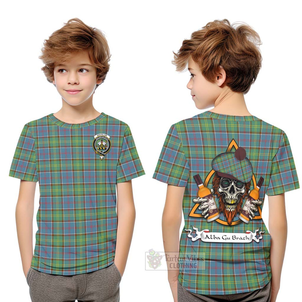 Tartan Vibes Clothing Whitelaw Tartan Kid T-Shirt with Family Crest and Bearded Skull Holding Bottles of Whiskey