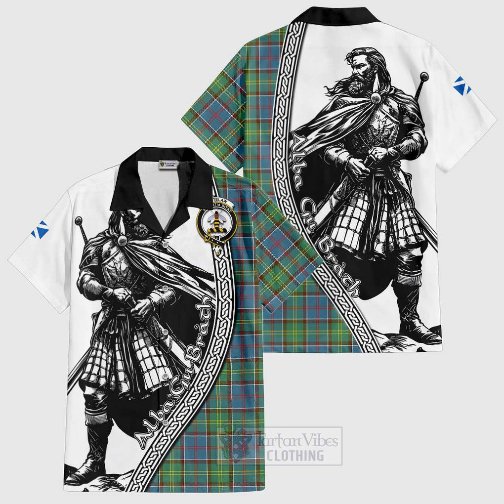 Tartan Vibes Clothing Whitelaw Tartan Clan Crest Short Sleeve Button Shirt with Highlander Warrior Celtic Style