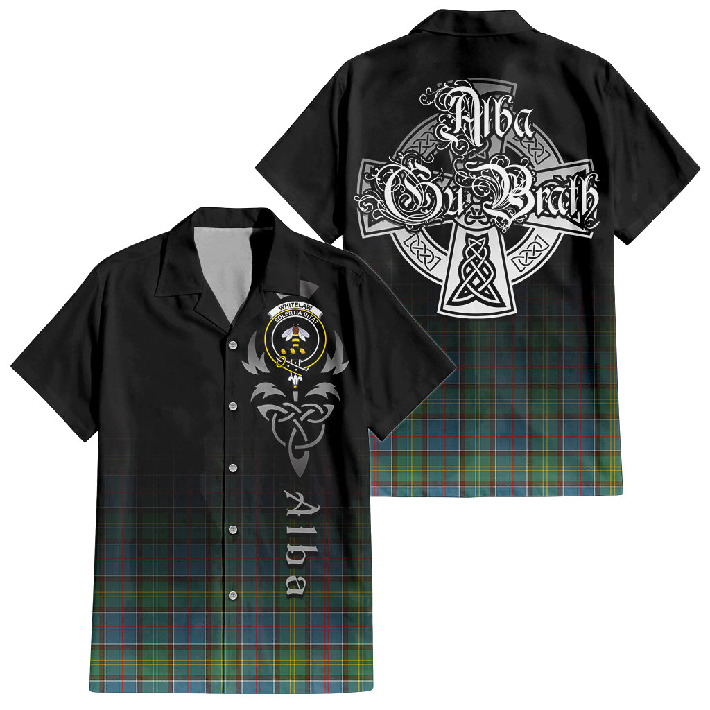 Tartan Vibes Clothing Whitelaw Tartan Short Sleeve Button Up Featuring Alba Gu Brath Family Crest Celtic Inspired