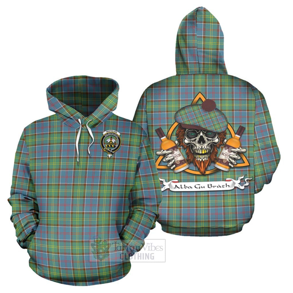 Tartan Vibes Clothing Whitelaw Tartan Hoodie with Family Crest and Bearded Skull Holding Bottles of Whiskey