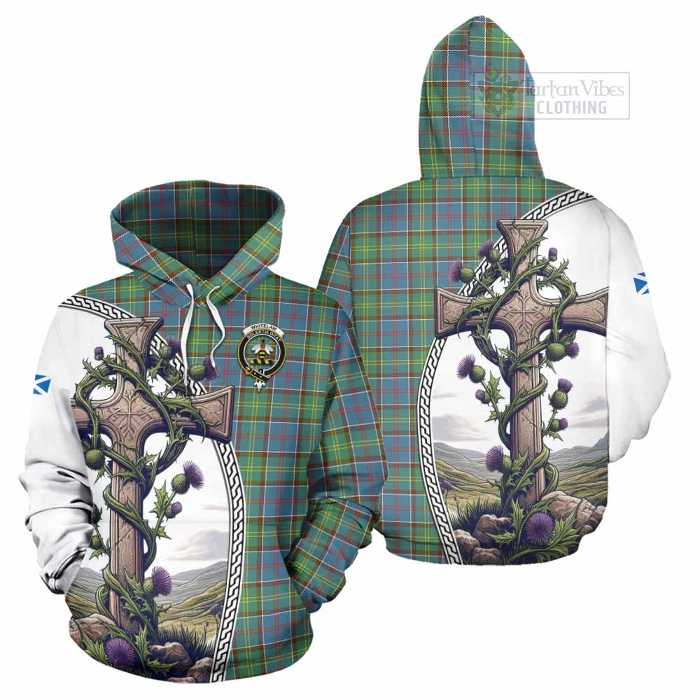 Tartan Vibes Clothing Whitelaw Tartan Hoodie with Family Crest and St. Andrew's Cross Accented by Thistle Vines