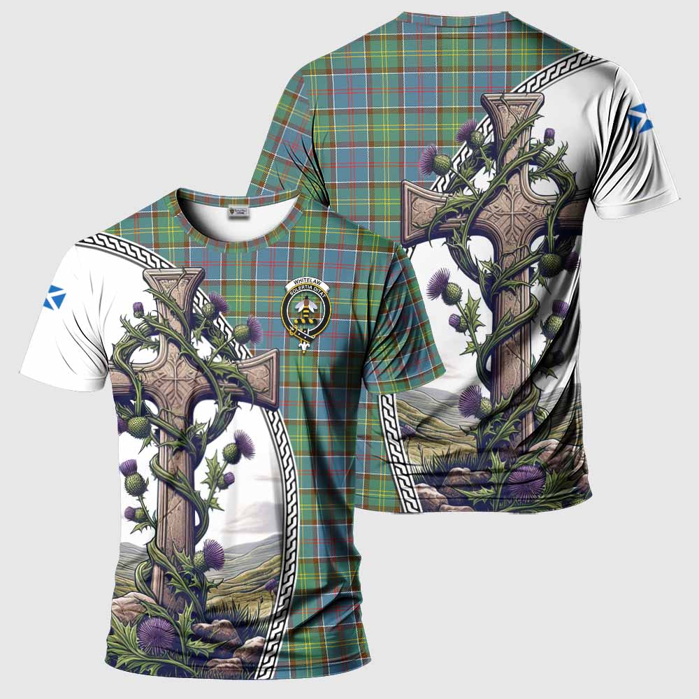 Tartan Vibes Clothing Whitelaw Agnew Tartan T-Shirt with Family Crest and St. Andrew's Cross Accented by Thistle Vines