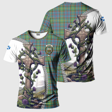 Whitelaw Tartan T-Shirt with Family Crest and St. Andrew's Cross Accented by Thistle Vines