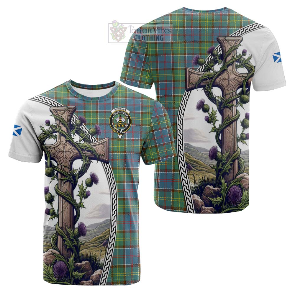 Tartan Vibes Clothing Whitelaw Tartan Cotton T-shirt with Family Crest and St. Andrew's Cross Accented by Thistle Vines