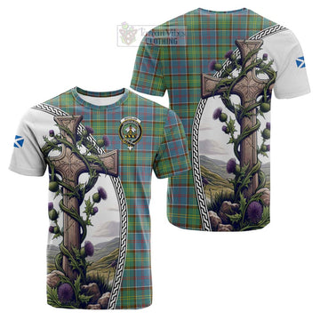 Whitelaw Tartan Cotton T-shirt with Family Crest and St. Andrew's Cross Accented by Thistle Vines