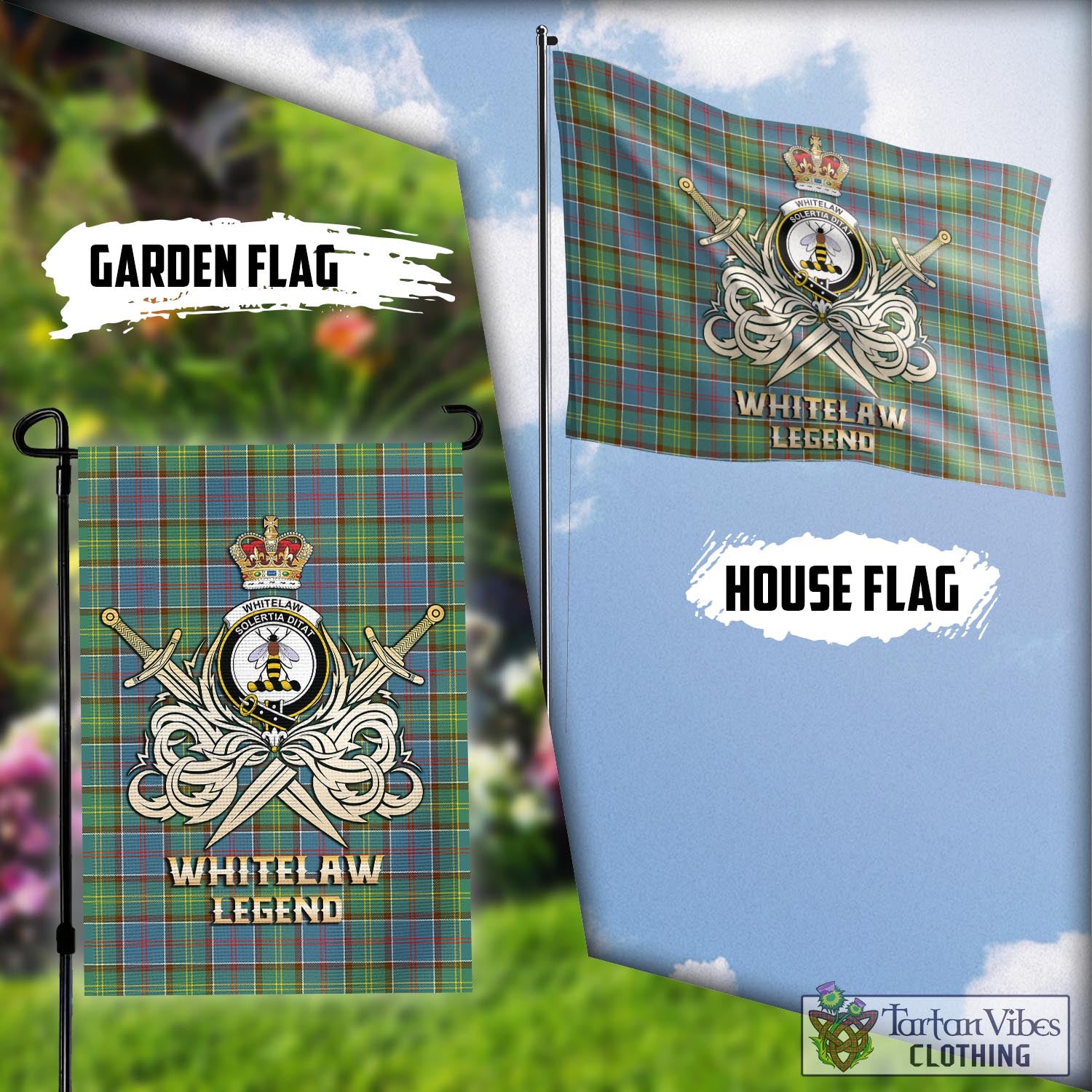 Tartan Vibes Clothing Whitelaw Tartan Flag with Clan Crest and the Golden Sword of Courageous Legacy