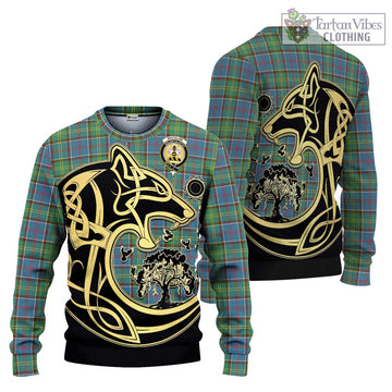 Whitelaw Tartan Knitted Sweater with Family Crest Celtic Wolf Style