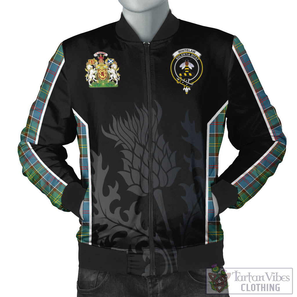 Tartan Vibes Clothing Whitelaw Tartan Bomber Jacket with Family Crest and Scottish Thistle Vibes Sport Style