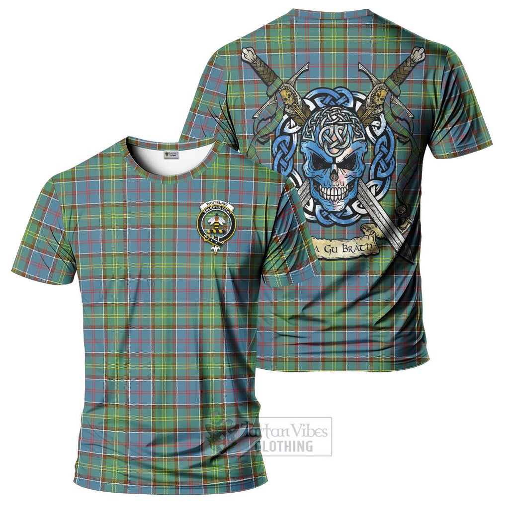 Tartan Vibes Clothing Whitelaw Tartan T-Shirt with Family Crest Celtic Skull Style