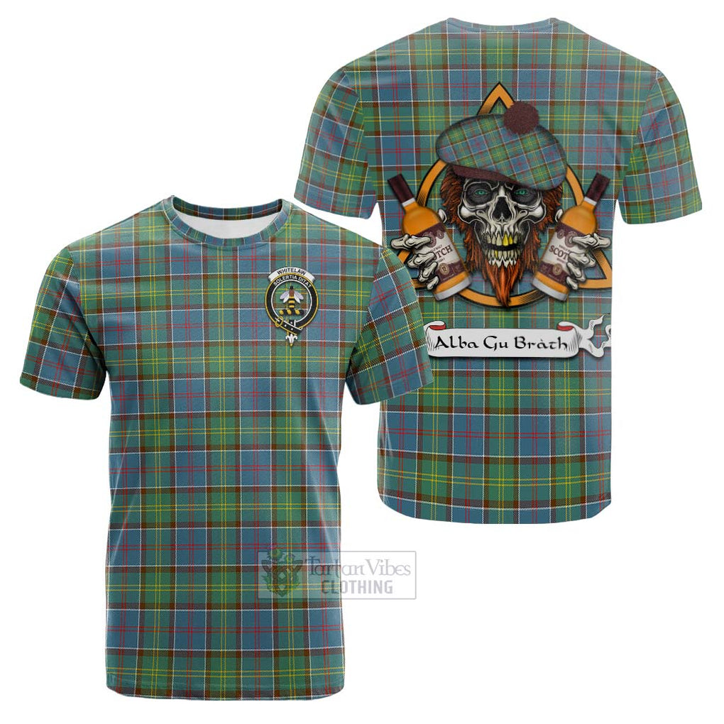 Tartan Vibes Clothing Whitelaw Tartan Cotton T-shirt with Family Crest and Bearded Skull Holding Bottles of Whiskey