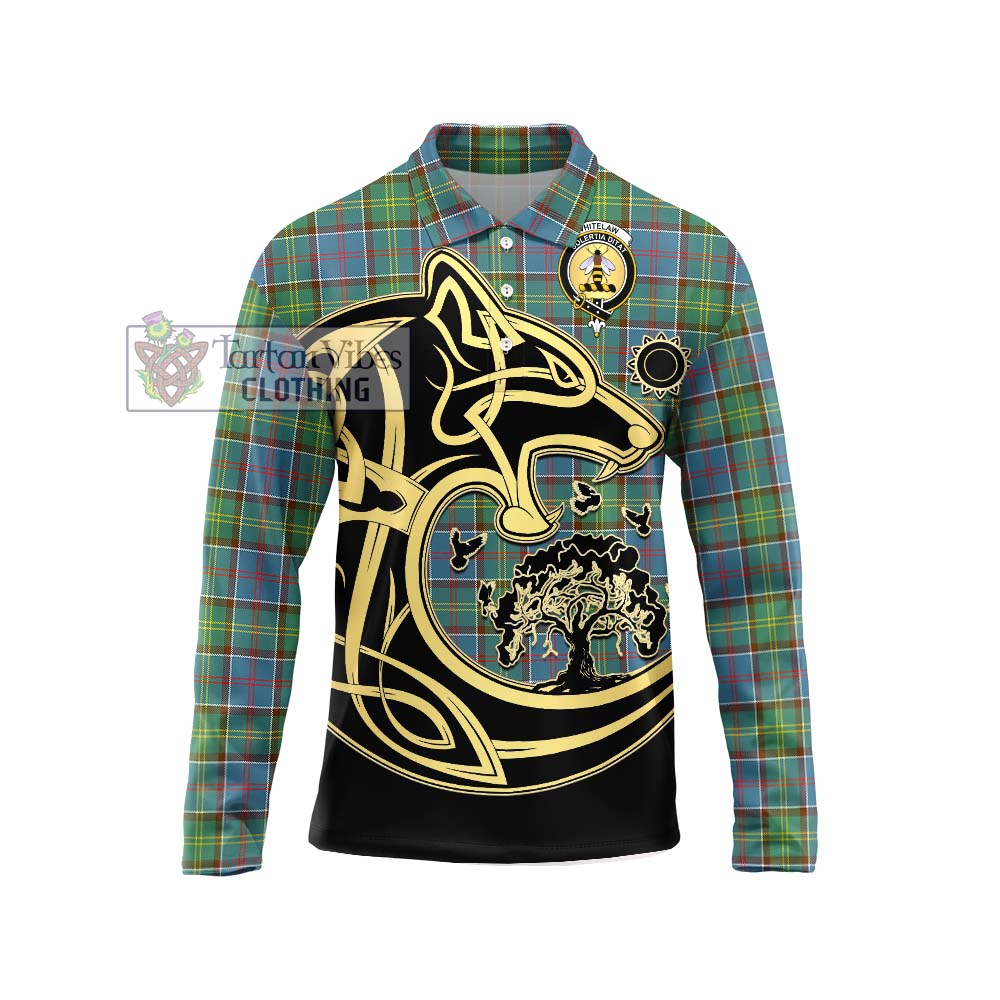 Tartan Vibes Clothing Whitelaw Tartan Long Sleeve Polo Shirt with Family Crest Celtic Wolf Style