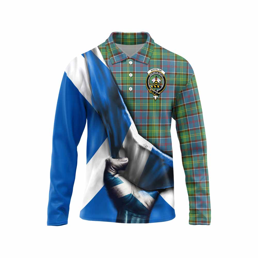 Tartan Vibes Clothing Whitelaw Tartan Long Sleeve Polo Shirt with Family Crest Scotland Patriotic Style