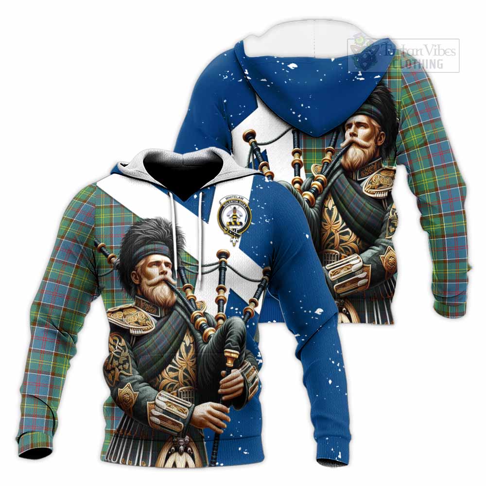 Tartan Vibes Clothing Whitelaw Tartan Knitted Hoodie with Family Crest Scottish Bagpiper Vibes