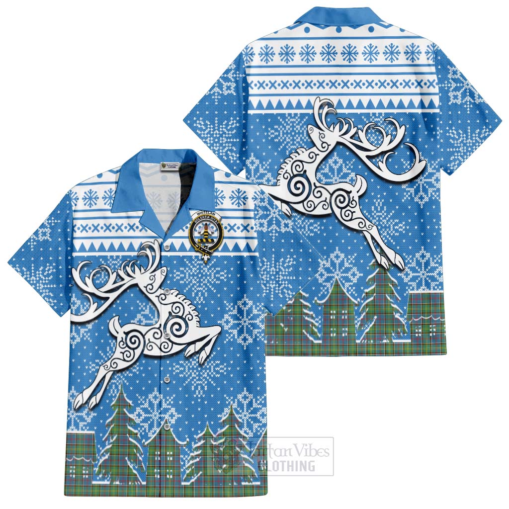 Tartan Vibes Clothing Whitelaw Clan Christmas Short Sleeve Button Shirt Celtic Reindeer Style