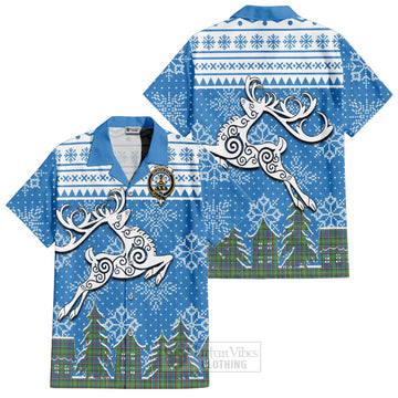 Whitelaw Clan Christmas Short Sleeve Button Shirt Celtic Reindeer Style