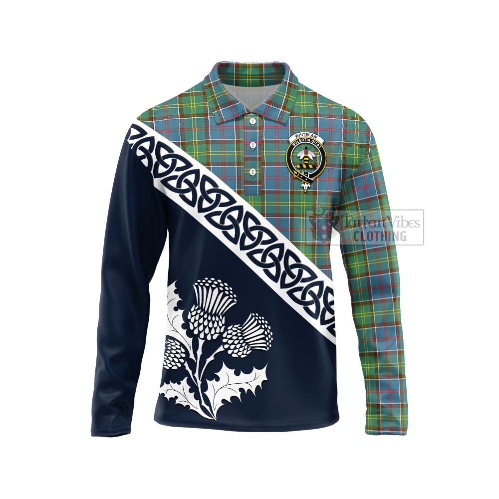 Tartan Vibes Clothing Whitelaw Tartan Long Sleeve Polo Shirt Featuring Thistle and Scotland Map