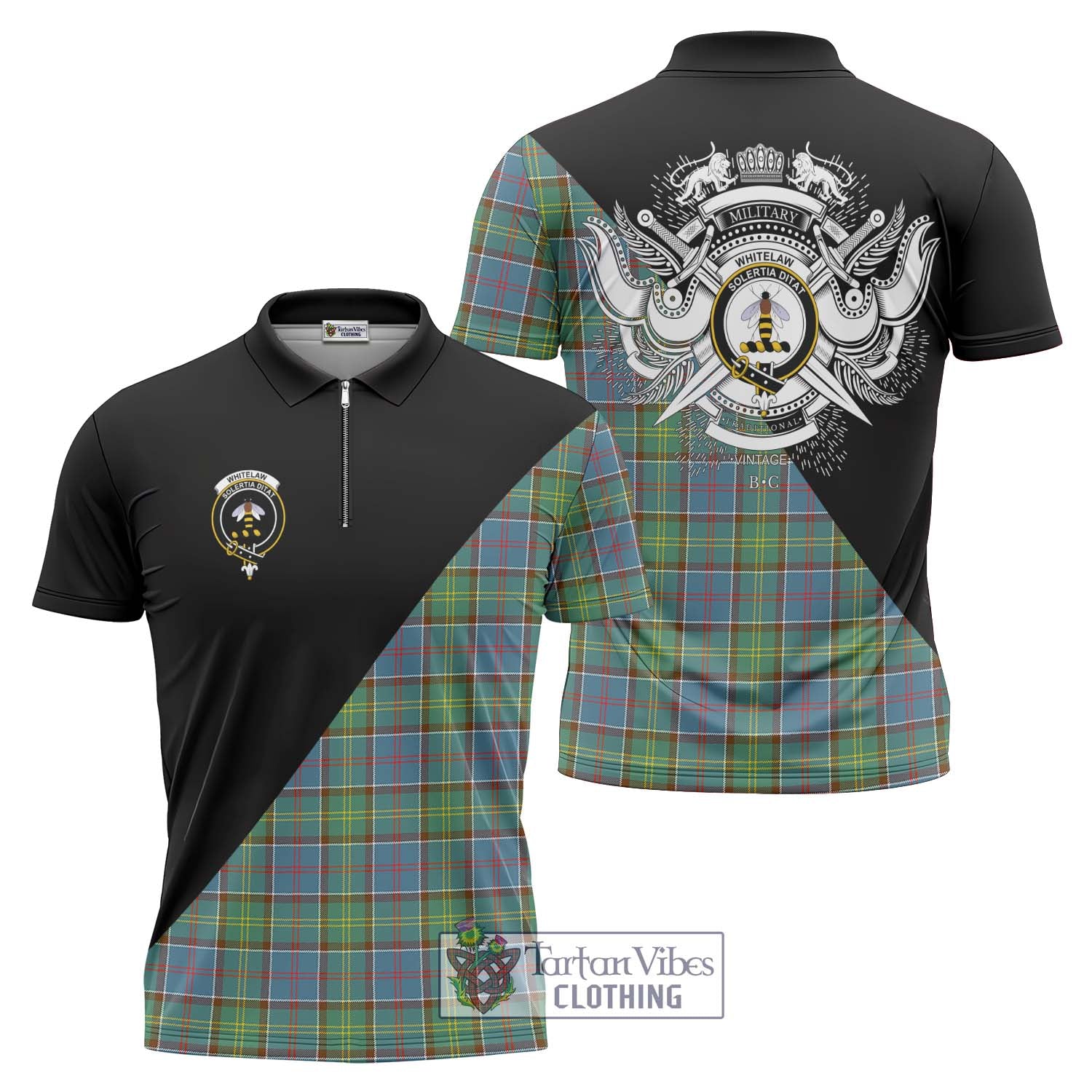 Tartan Vibes Clothing Whitelaw Tartan Zipper Polo Shirt with Family Crest and Military Logo Style