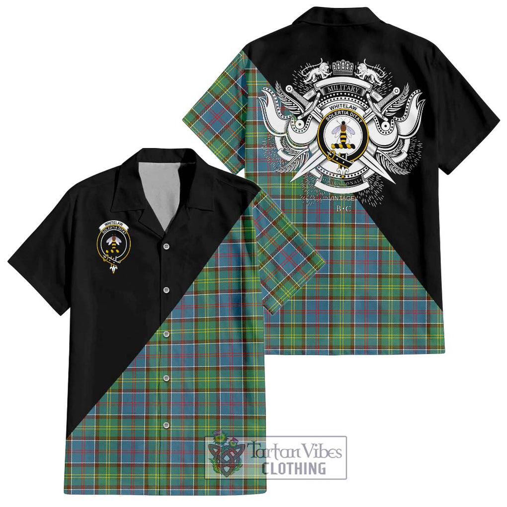 Whitelaw Tartan Short Sleeve Button Shirt with Family Crest and Military Logo Style Kid - Tartanvibesclothing Shop