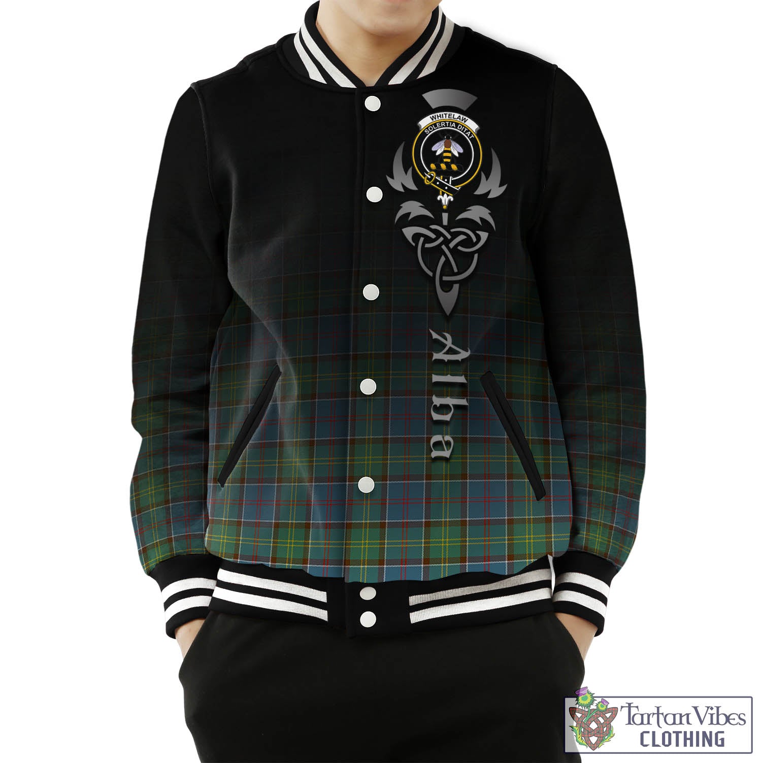 Tartan Vibes Clothing Whitelaw Tartan Baseball Jacket Featuring Alba Gu Brath Family Crest Celtic Inspired