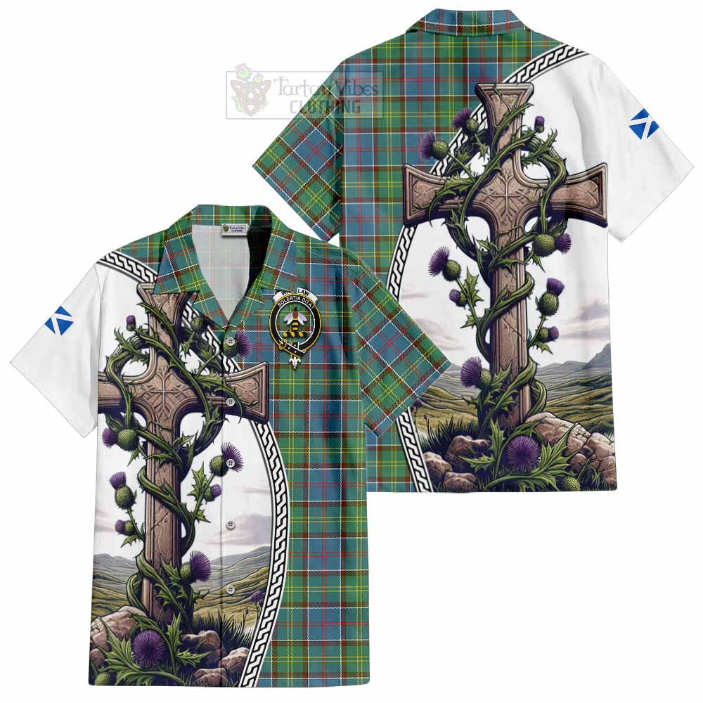 Tartan Vibes Clothing Whitelaw Tartan Short Sleeve Button Shirt with Family Crest and St. Andrew's Cross Accented by Thistle Vines