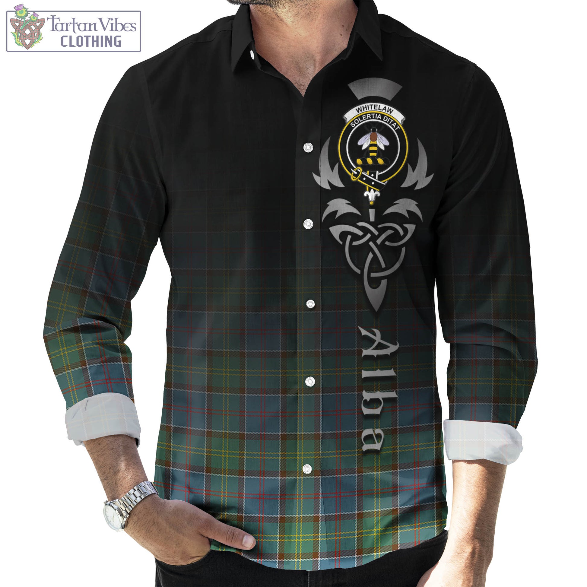 Tartan Vibes Clothing Whitelaw Tartan Long Sleeve Button Up Featuring Alba Gu Brath Family Crest Celtic Inspired