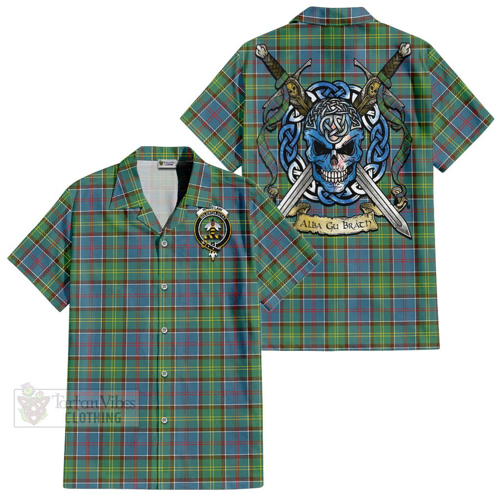 Tartan Vibes Clothing Whitelaw Tartan Short Sleeve Button Shirt with Family Crest Celtic Skull Style