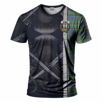 Whitelaw Tartan T-Shirt with Family Crest Cross Sword Thistle Celtic Vibes