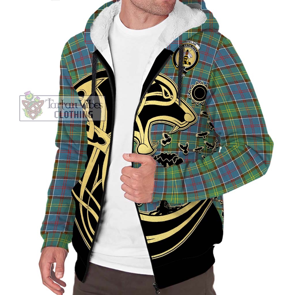 Tartan Vibes Clothing Whitelaw Tartan Sherpa Hoodie with Family Crest Celtic Wolf Style
