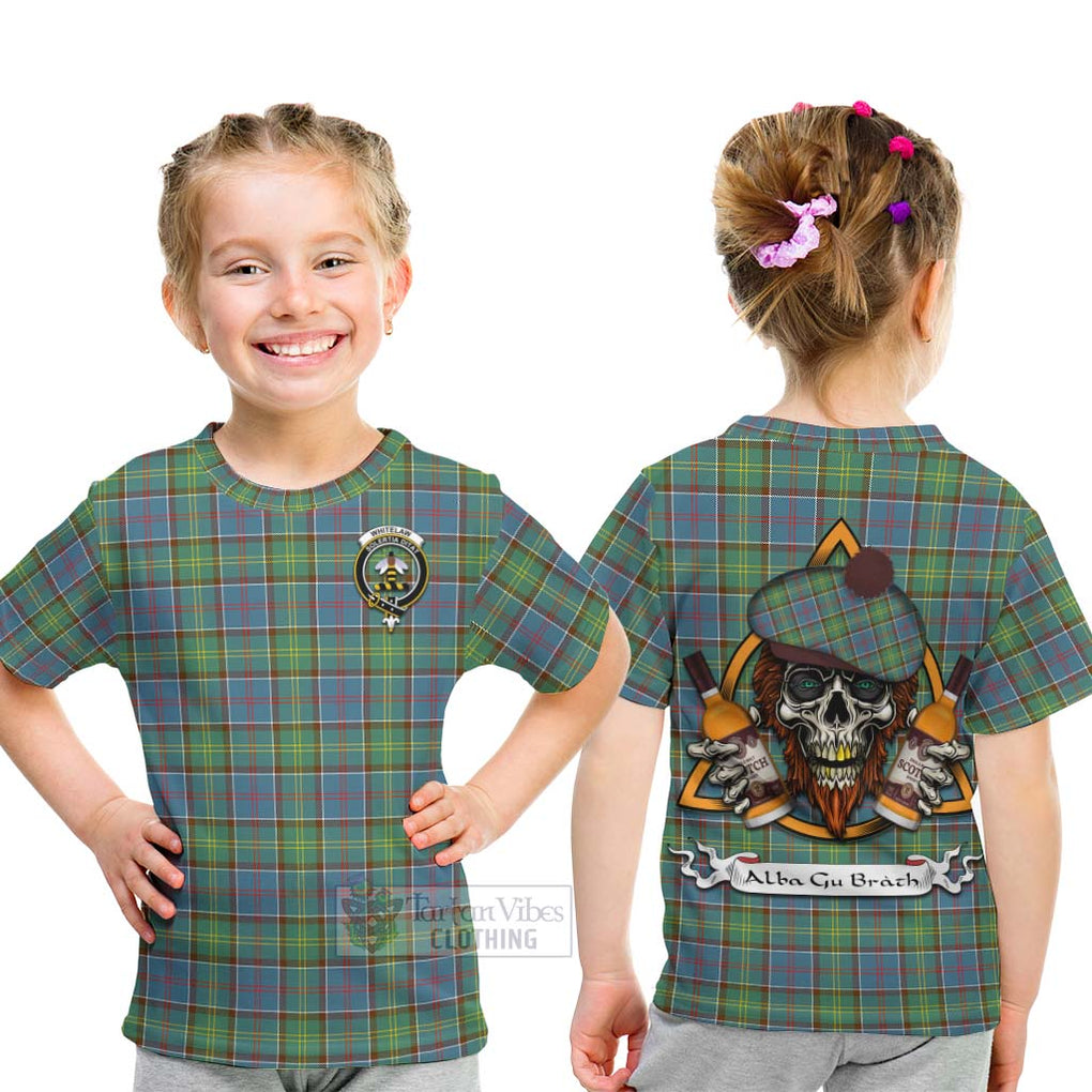 Tartan Vibes Clothing Whitelaw Tartan Kid T-Shirt with Family Crest and Bearded Skull Holding Bottles of Whiskey