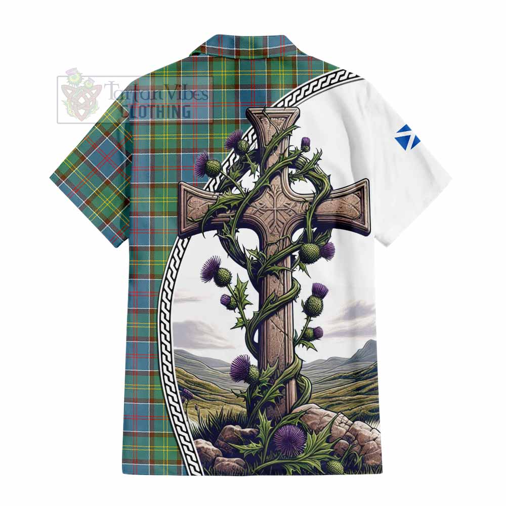 Tartan Vibes Clothing Whitelaw Tartan Short Sleeve Button Shirt with Family Crest and St. Andrew's Cross Accented by Thistle Vines