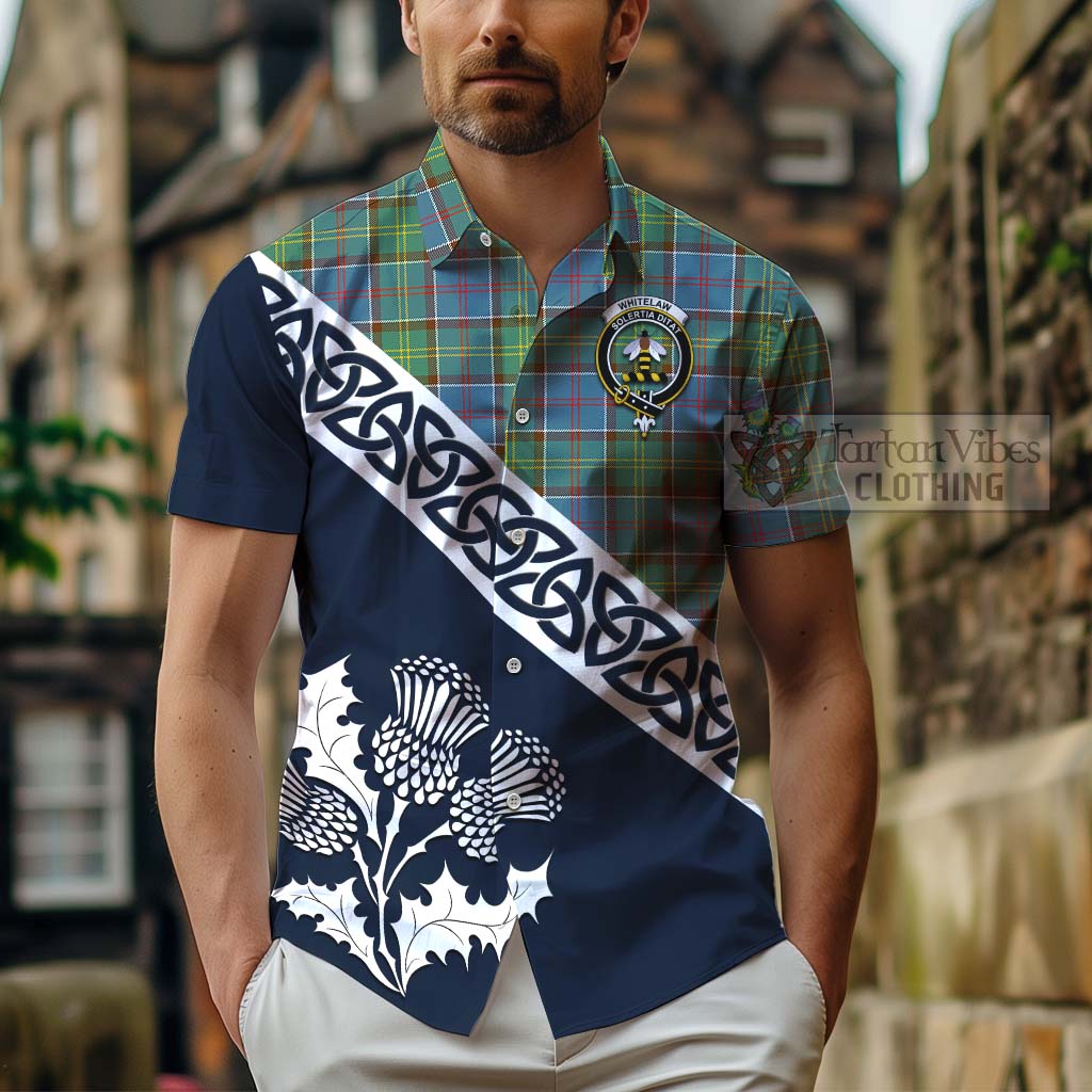 Tartan Vibes Clothing Whitelaw Tartan Short Sleeve Button Shirt Featuring Thistle and Scotland Map