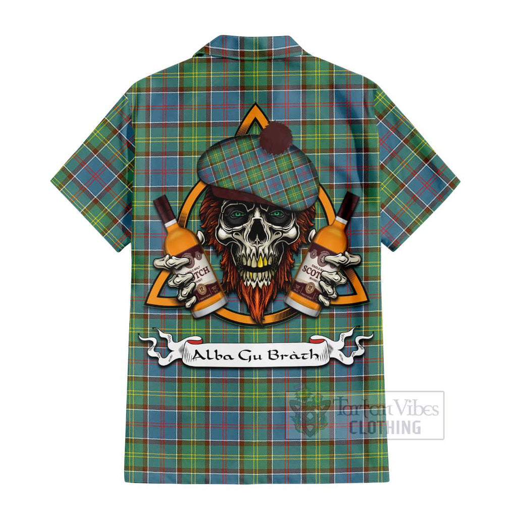 Tartan Vibes Clothing Whitelaw Tartan Short Sleeve Button Shirt with Family Crest and Bearded Skull Holding Bottles of Whiskey