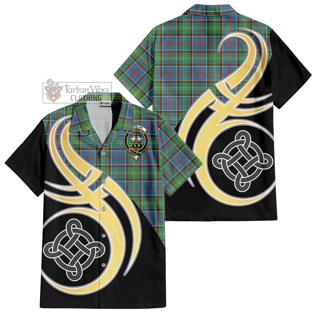 Whitelaw Tartan Short Sleeve Button Shirt with Family Crest and Celtic Symbol Style - Tartan Vibes Clothing