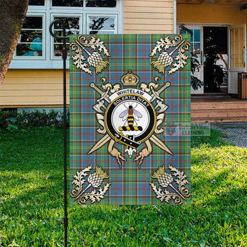 Whitelaw Tartan Flag with Family Crest and Golden Thistle Crossed Sword Design