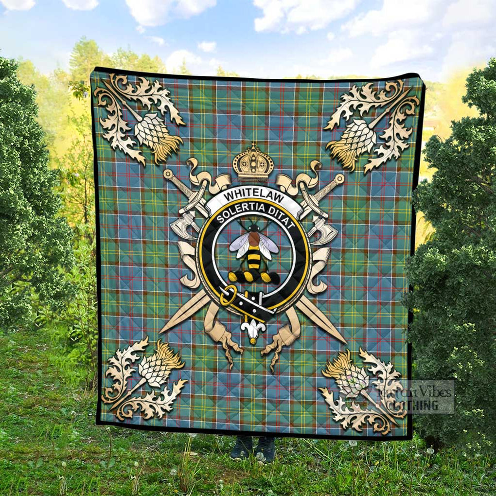 Tartan Vibes Clothing Whitelaw Tartan Quilt with Family Crest and Scottish Golden Courage Shield