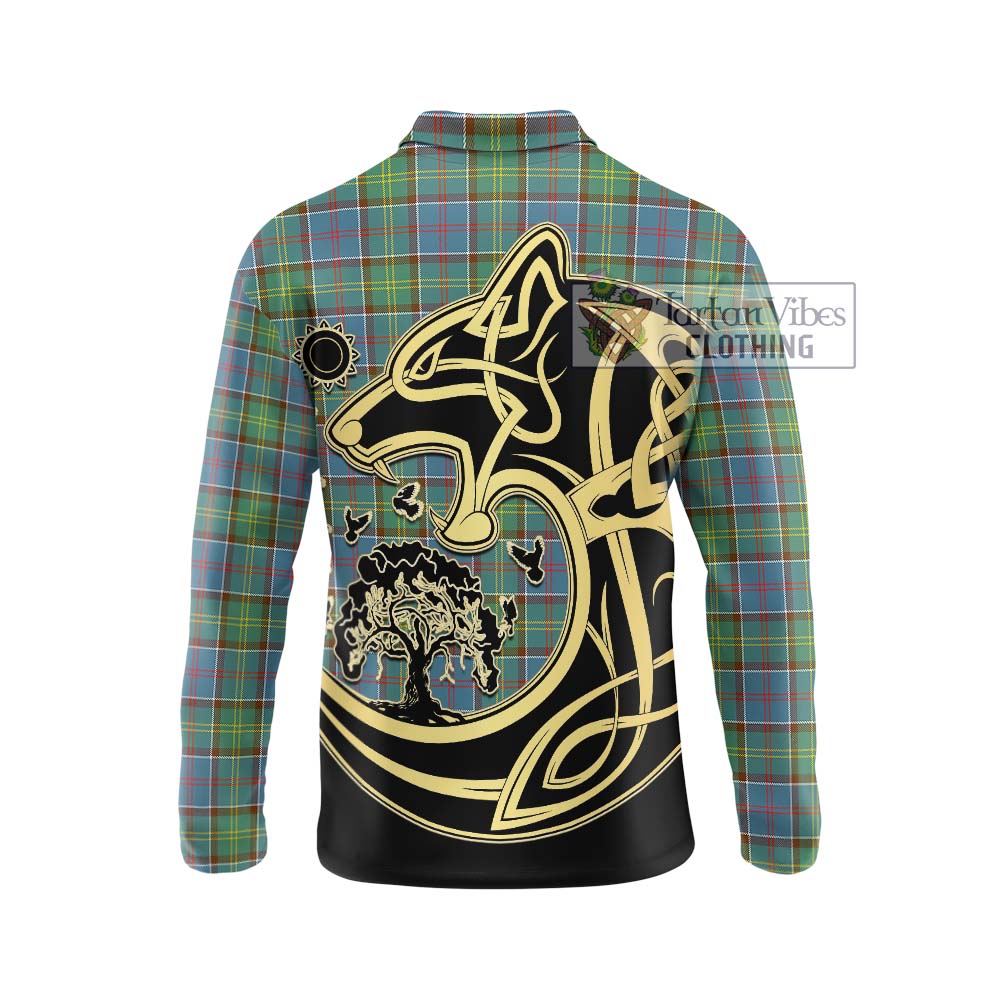 Tartan Vibes Clothing Whitelaw Tartan Long Sleeve Polo Shirt with Family Crest Celtic Wolf Style