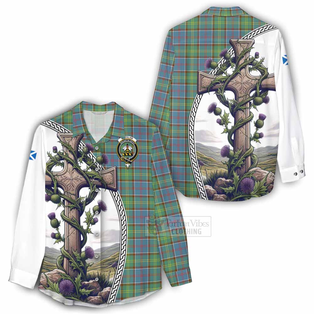 Tartan Vibes Clothing Whitelaw Tartan Women's Casual Shirt with Family Crest and St. Andrew's Cross Accented by Thistle Vines