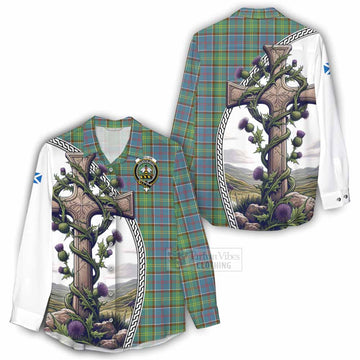 Whitelaw Tartan Women's Casual Shirt with Family Crest and St. Andrew's Cross Accented by Thistle Vines