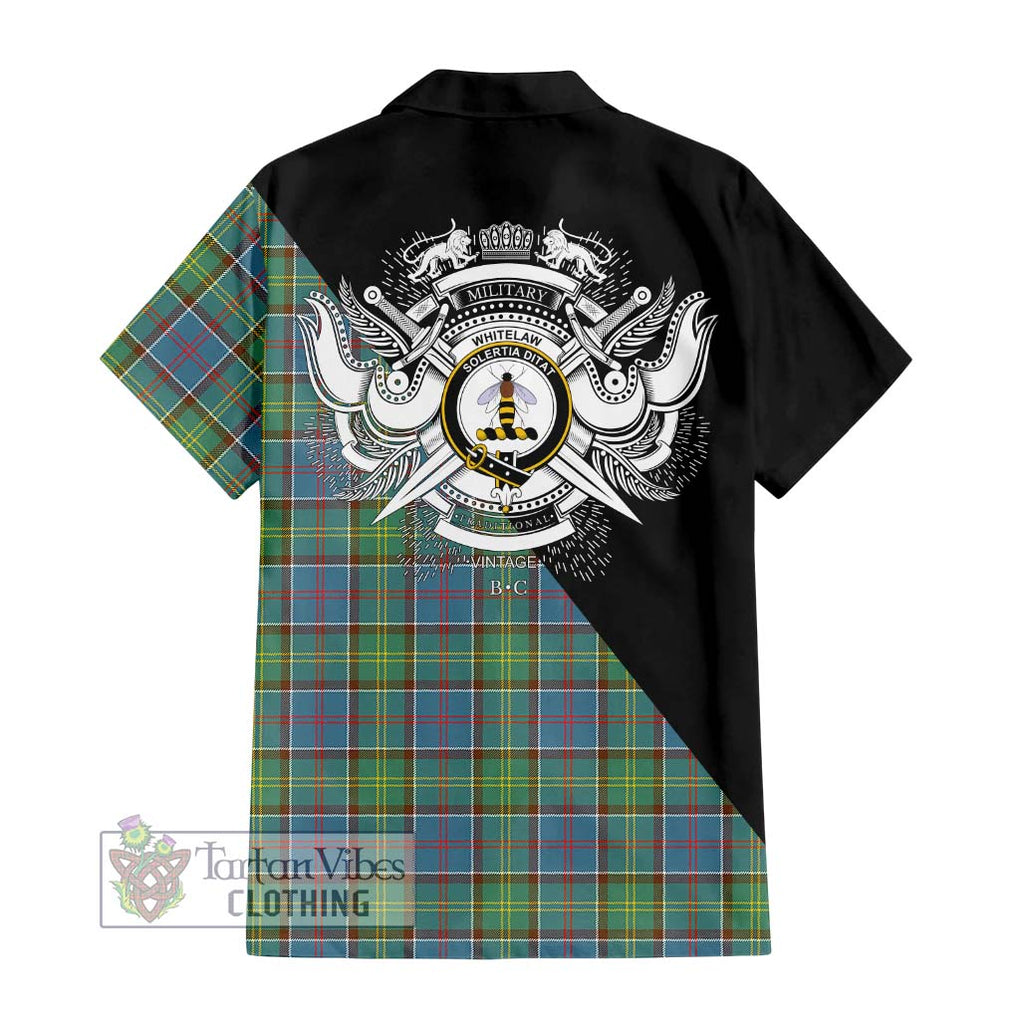 Whitelaw Tartan Short Sleeve Button Shirt with Family Crest and Military Logo Style - Tartanvibesclothing Shop