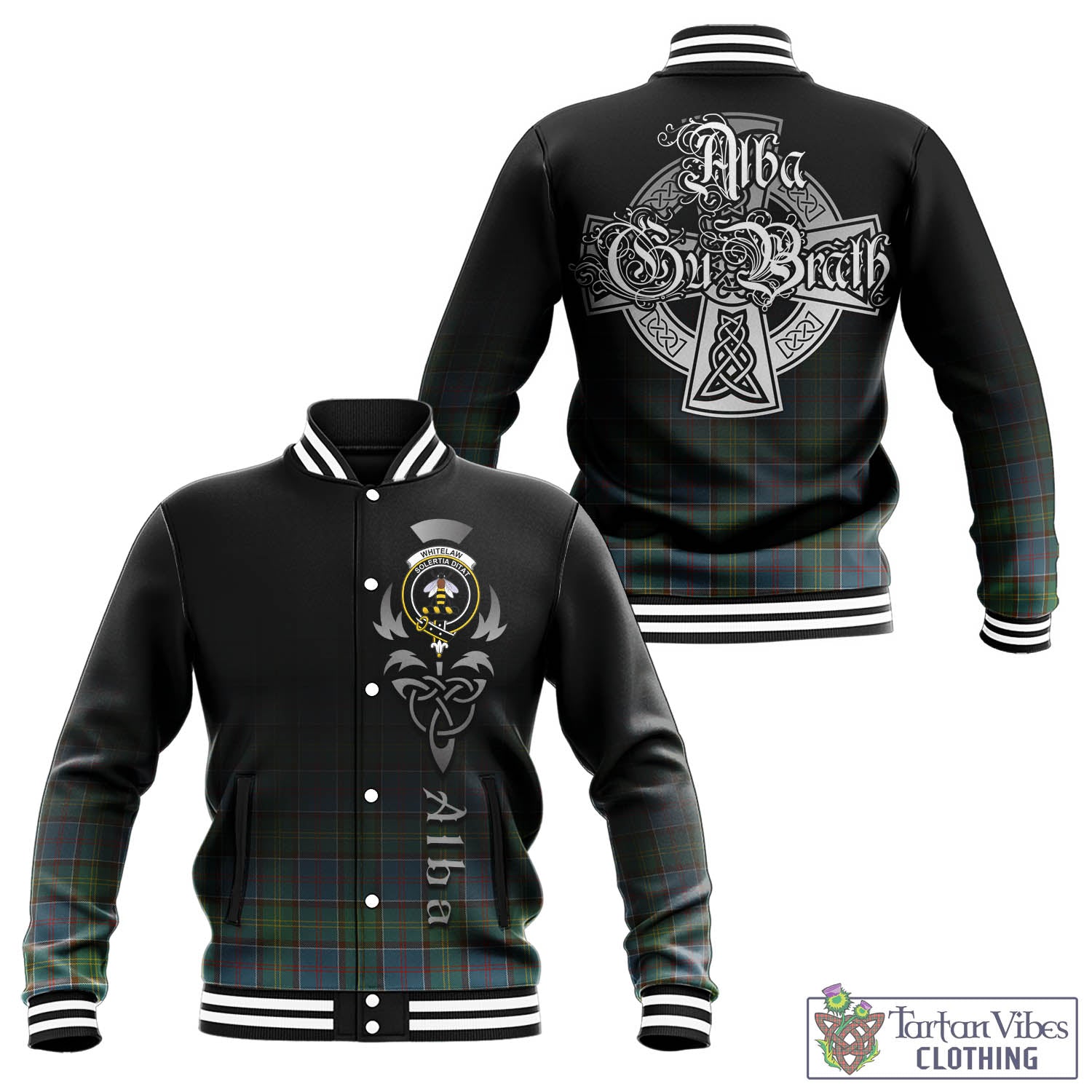 Tartan Vibes Clothing Whitelaw Tartan Baseball Jacket Featuring Alba Gu Brath Family Crest Celtic Inspired