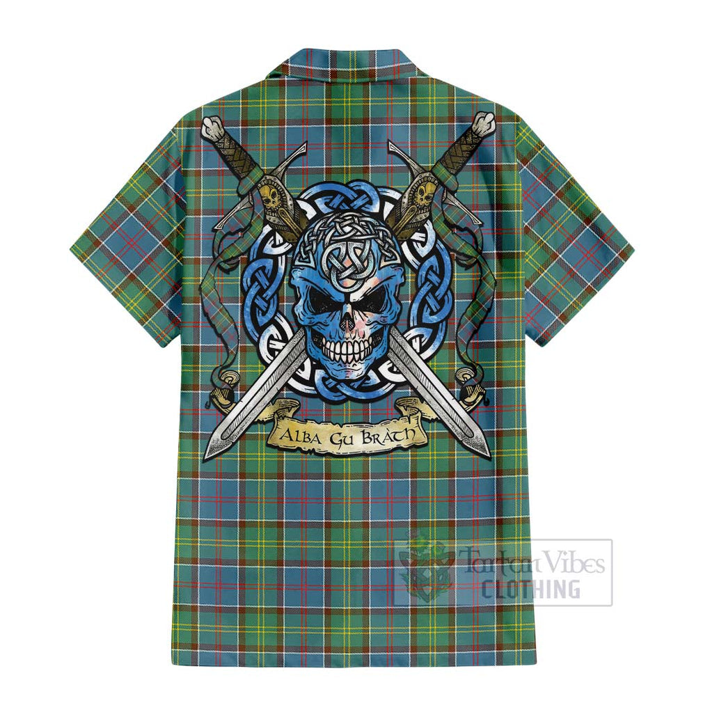 Tartan Vibes Clothing Whitelaw Tartan Short Sleeve Button Shirt with Family Crest Celtic Skull Style