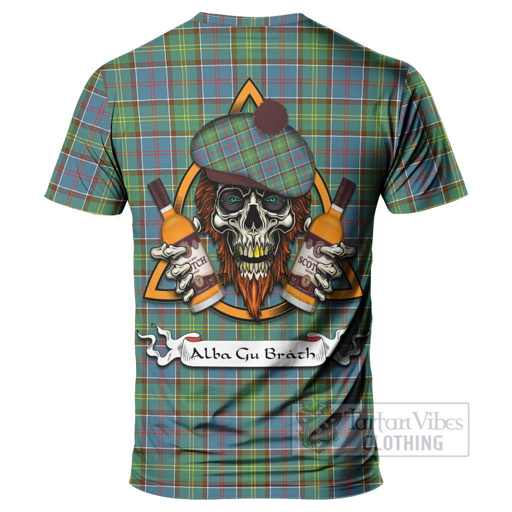 Tartan Vibes Clothing Whitelaw Tartan T-Shirt with Family Crest and Bearded Skull Holding Bottles of Whiskey