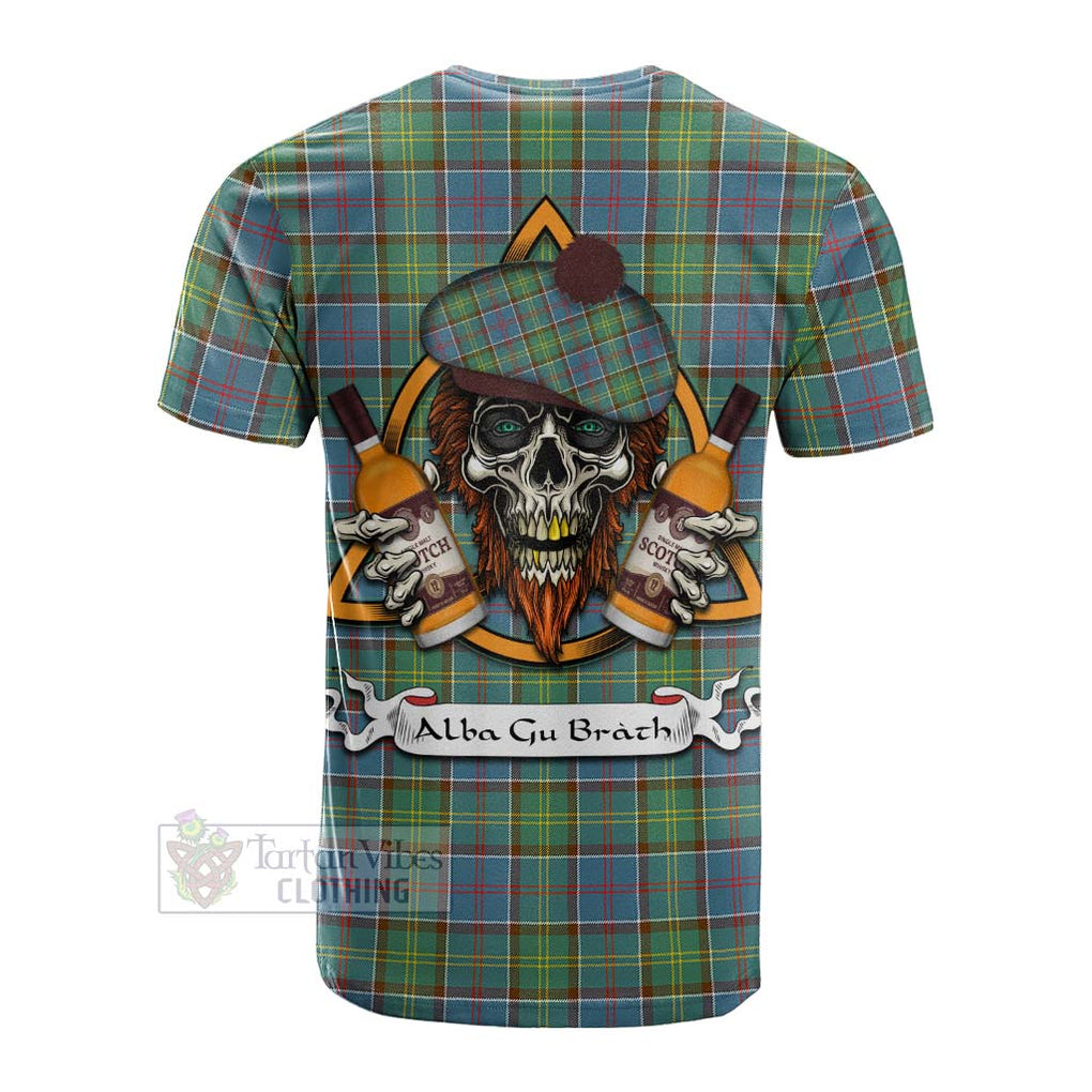 Tartan Vibes Clothing Whitelaw Tartan Cotton T-shirt with Family Crest and Bearded Skull Holding Bottles of Whiskey