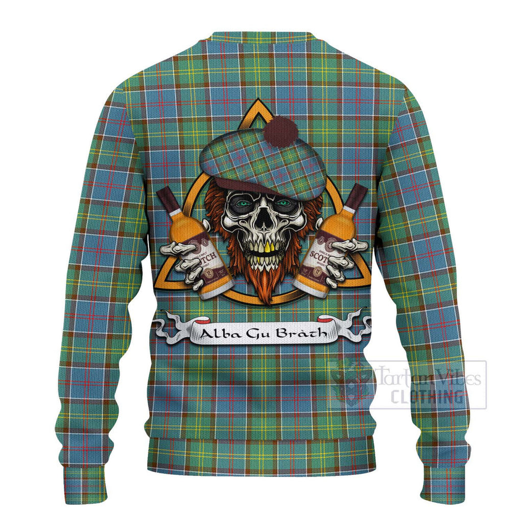 Tartan Vibes Clothing Whitelaw Tartan Knitted Sweater with Family Crest and Bearded Skull Holding Bottles of Whiskey