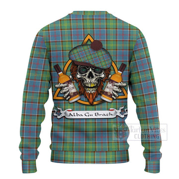 Whitelaw Tartan Ugly Sweater with Family Crest and Bearded Skull Holding Bottles of Whiskey